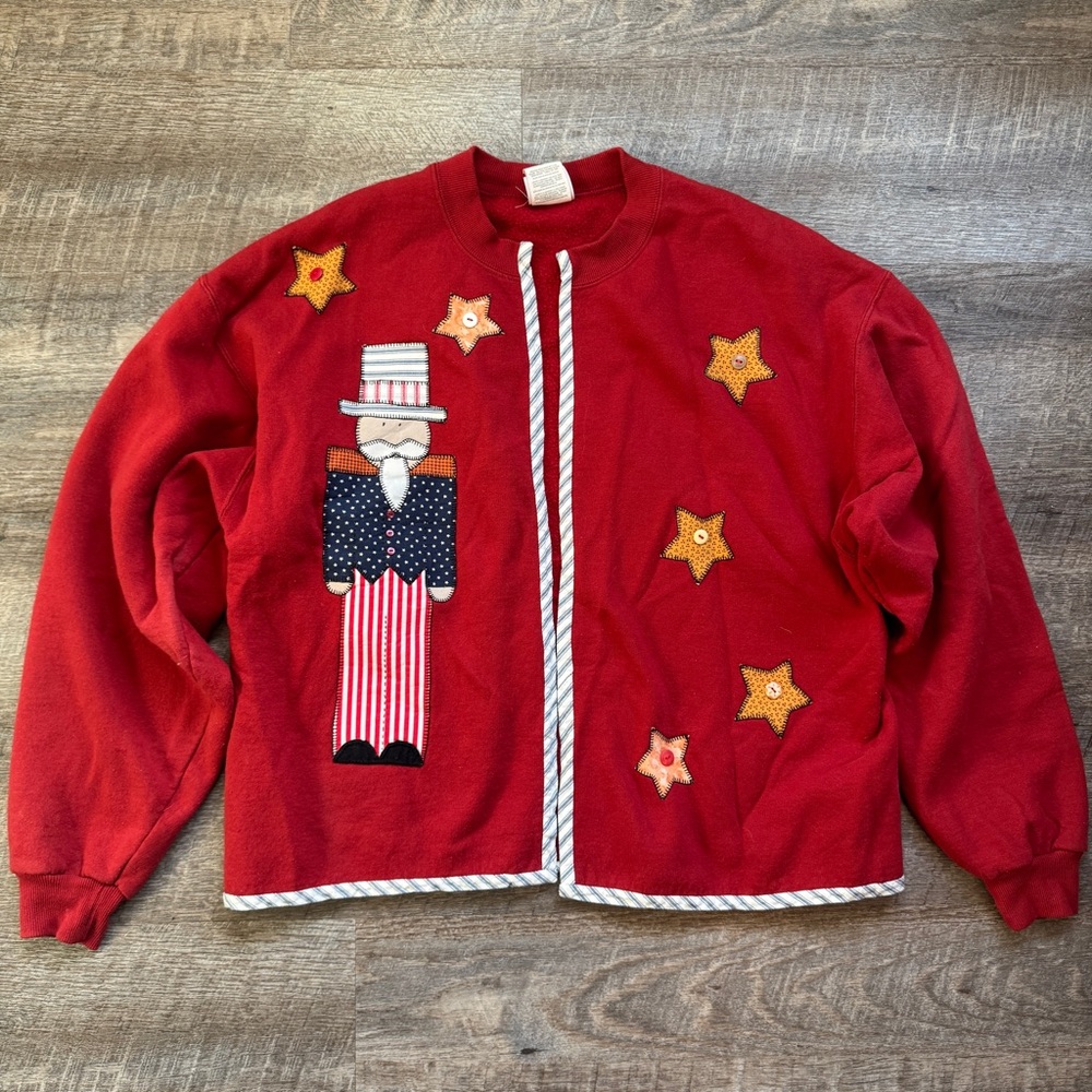 Vintage‎ Ugly Christmas Grandma Sweater Cardigan Holiday Patriotic Stars Large
